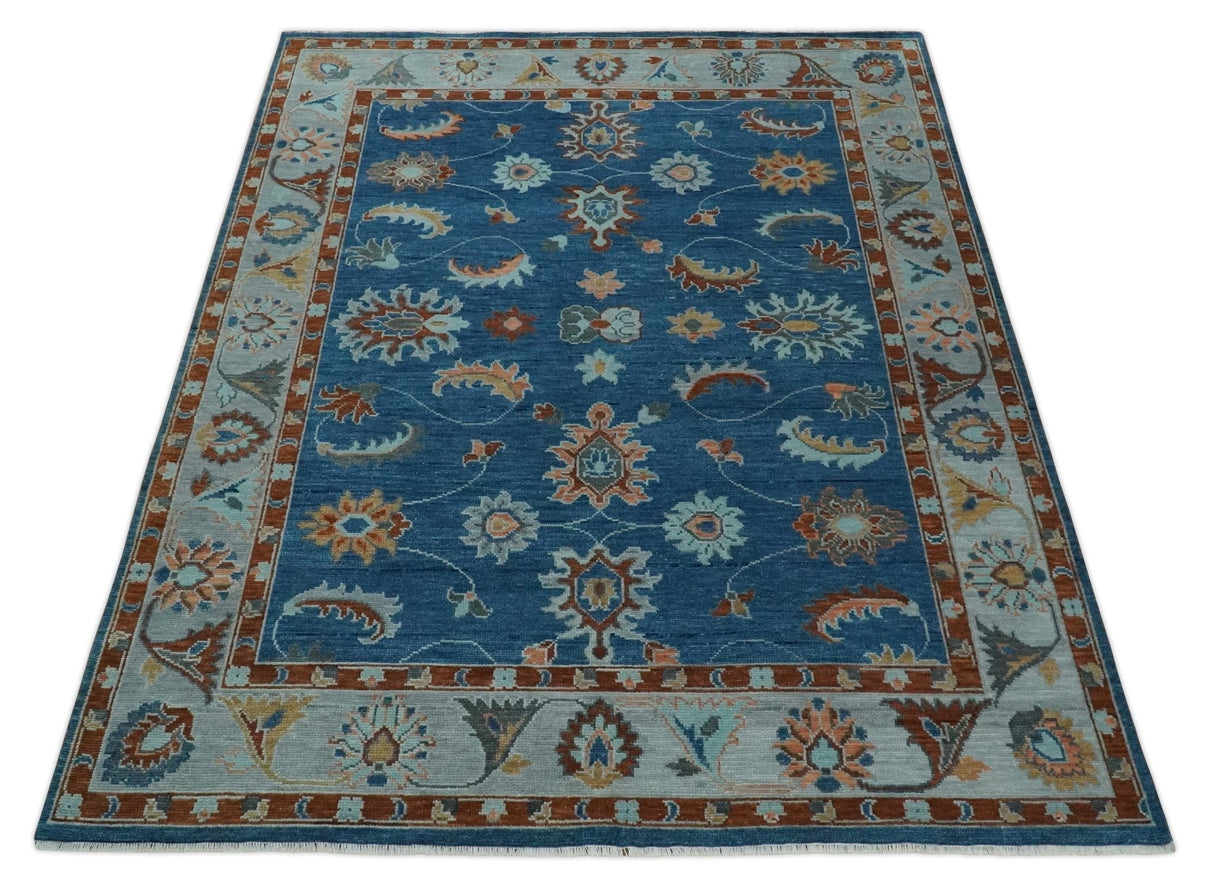 Blue And Brown Hand Knotted Floral Oushak Wool Area Rug