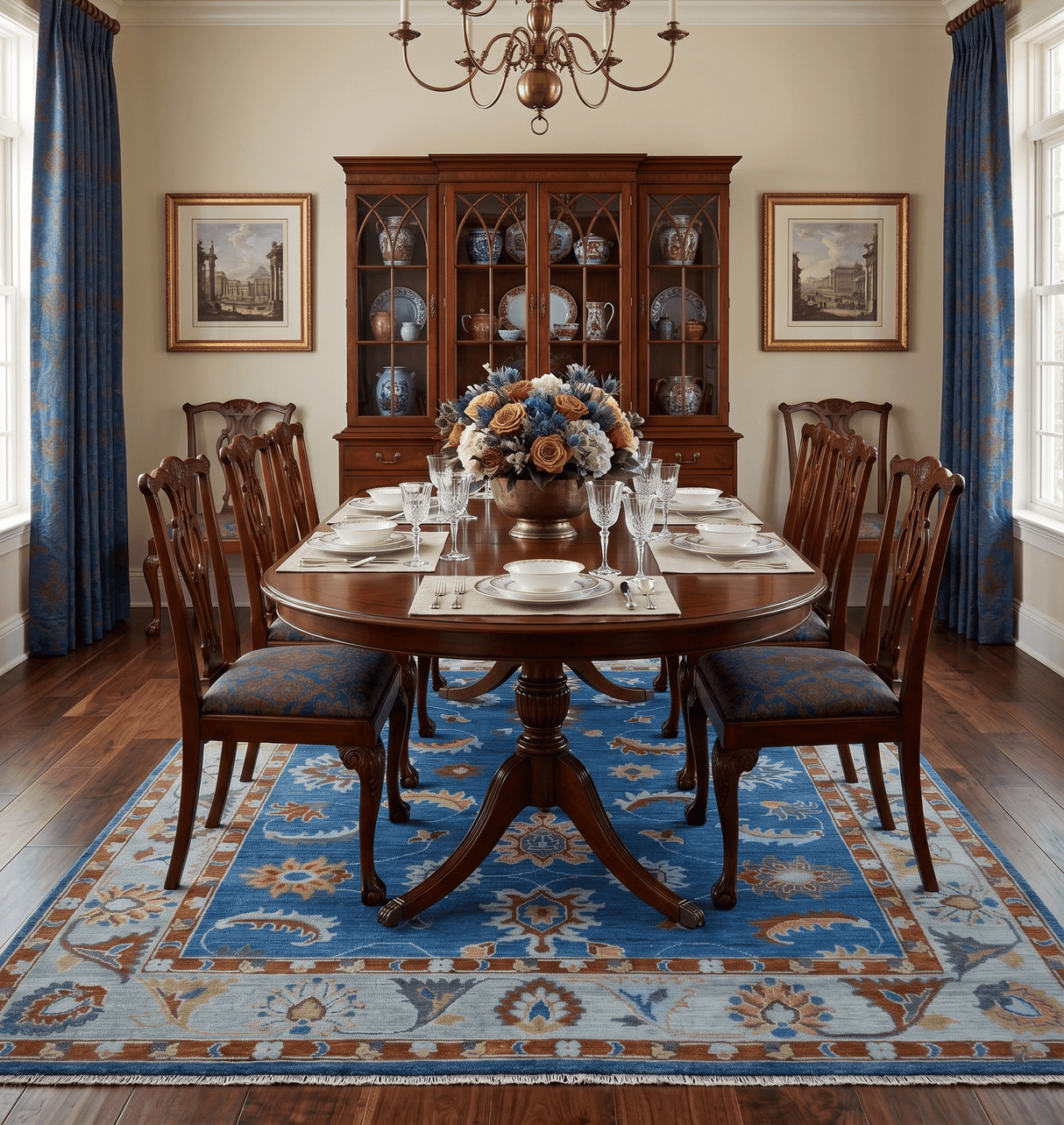 Blue And Brown Hand Knotted Floral Oushak Wool Area Rug