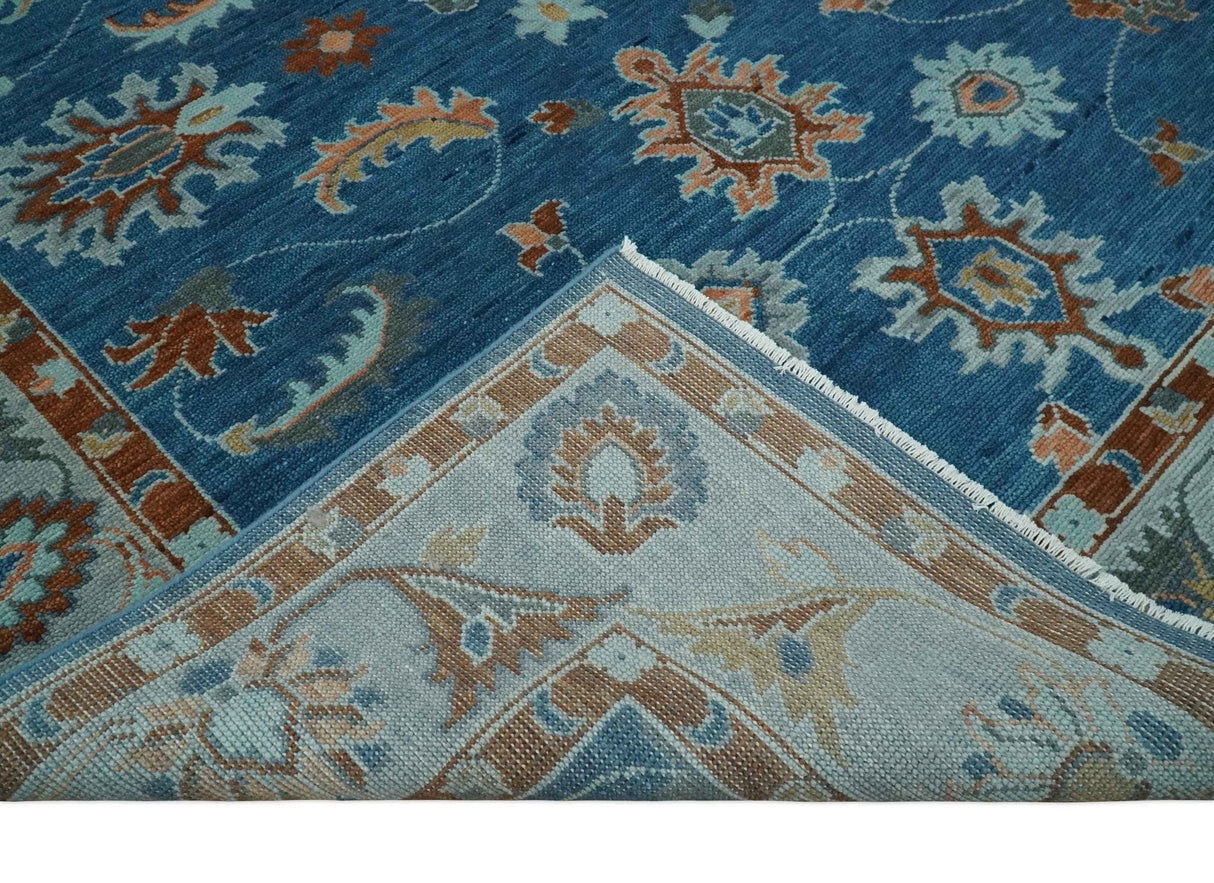 Blue And Brown Hand Knotted Floral Oushak Wool Area Rug