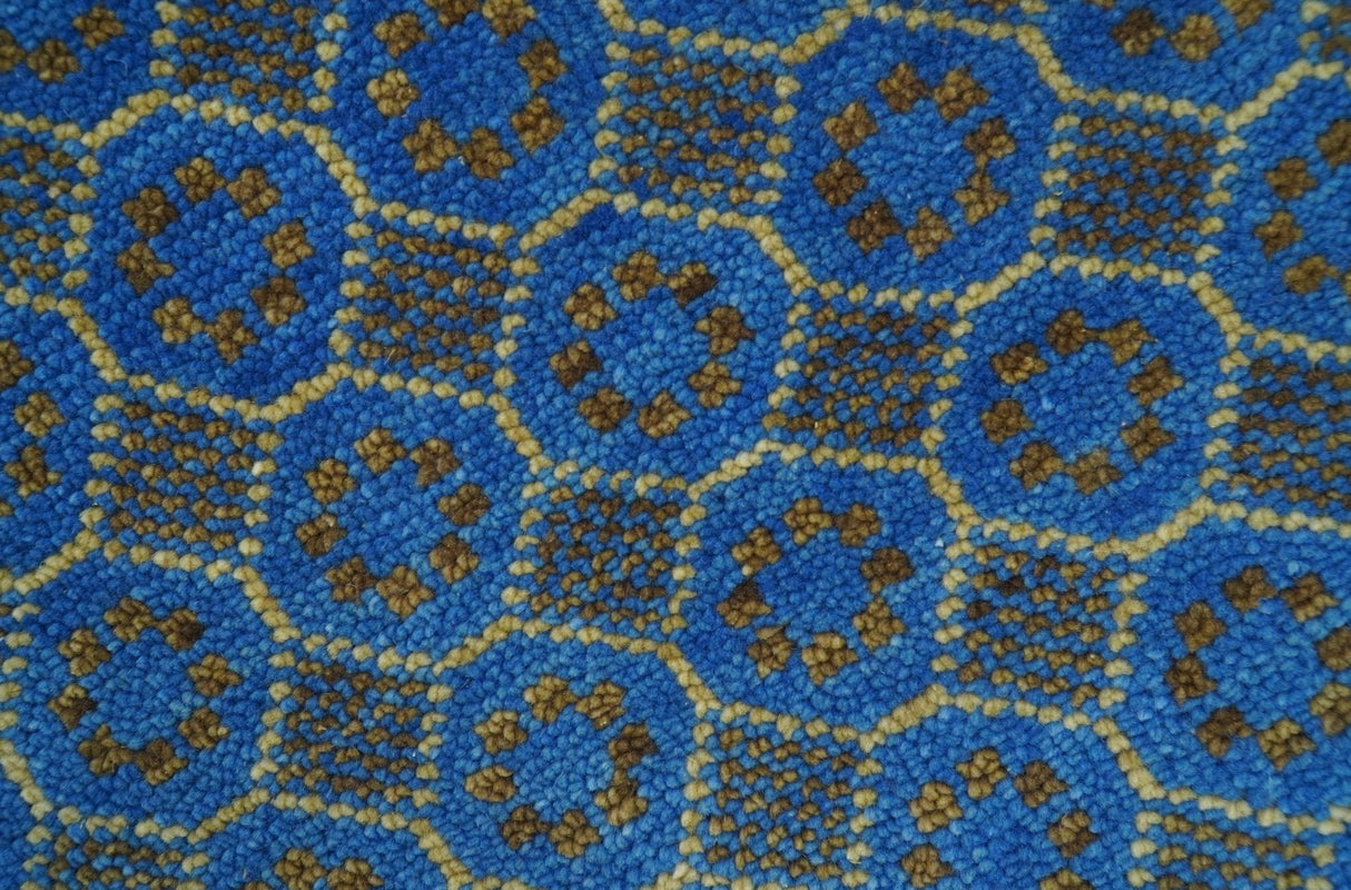 Blue and Charcoal geometrical honey comb design Hand knotted Wool Area Rug