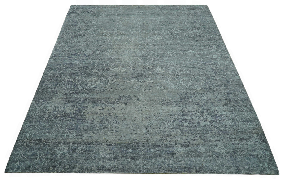 Blue And charcoal Transitional Design Hand Knotted 8.8x11.6 Wool Area Rug
