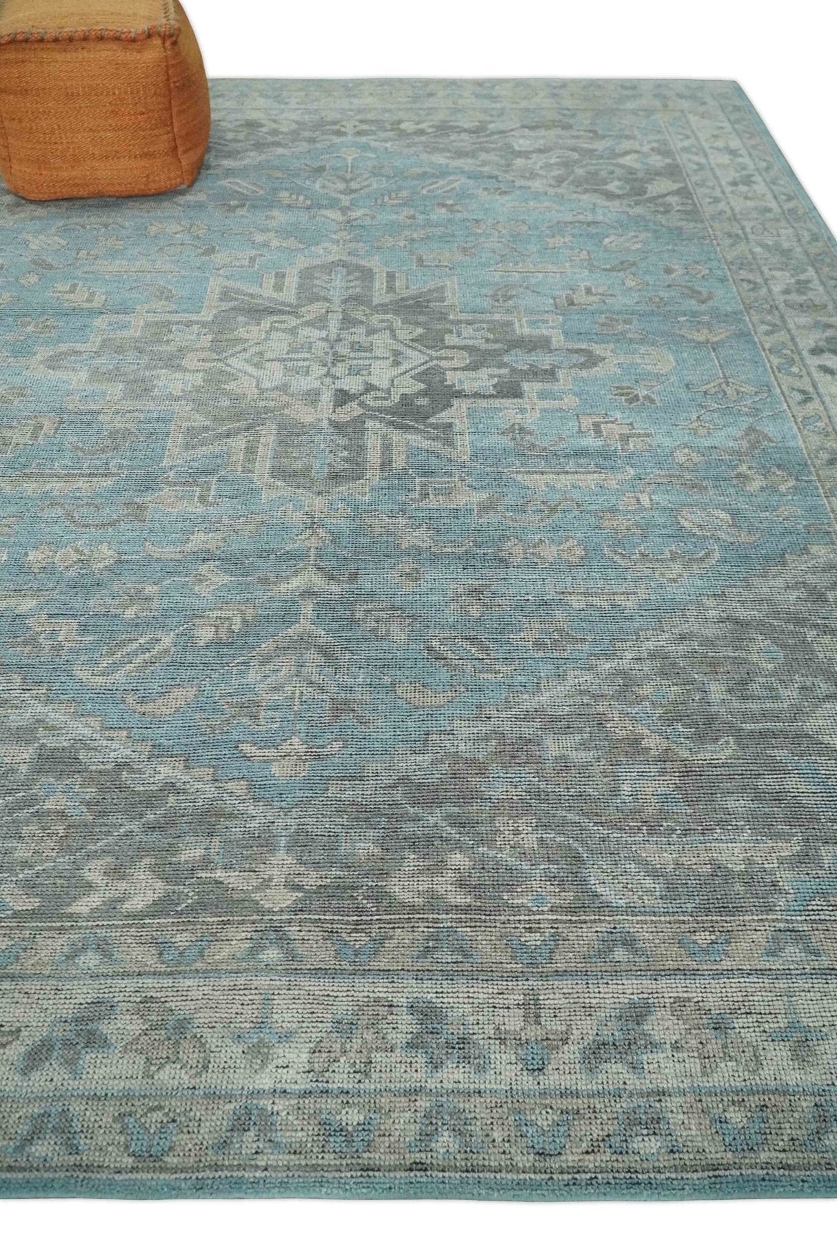 Blue and Gray Antique Finish Distressed Hand Knotted Traditional wool Area Rug