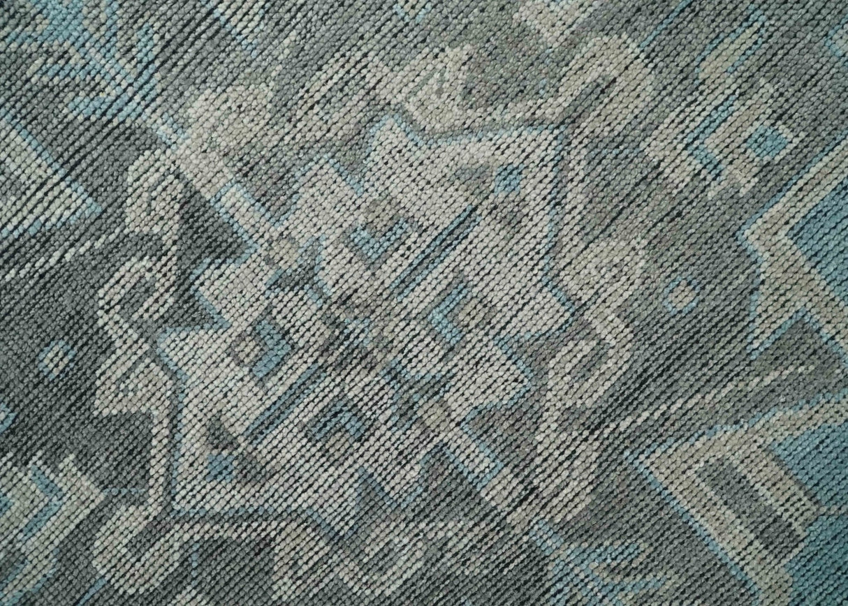 Blue and Gray Antique Finish Distressed Hand Knotted Traditional wool Area Rug