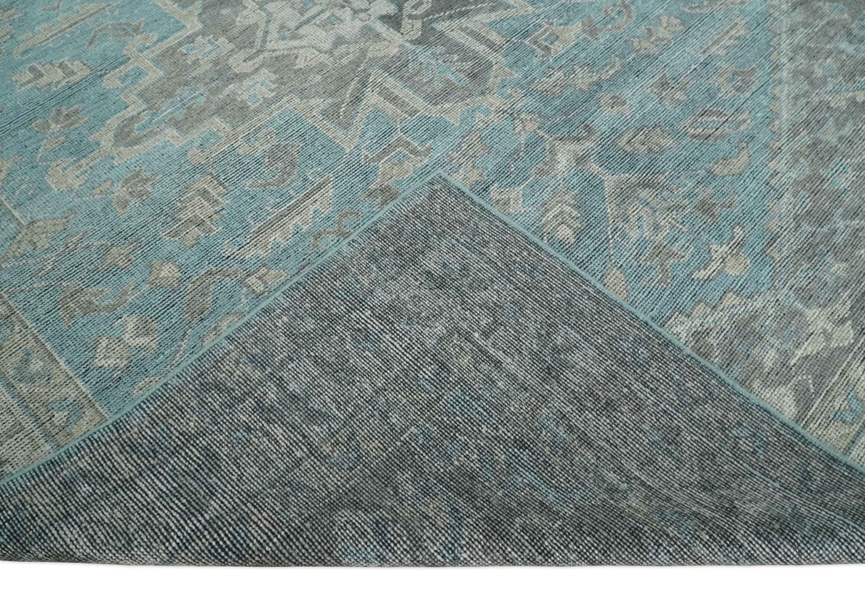 Blue and Gray Antique Finish Distressed Hand Knotted Traditional wool Area Rug