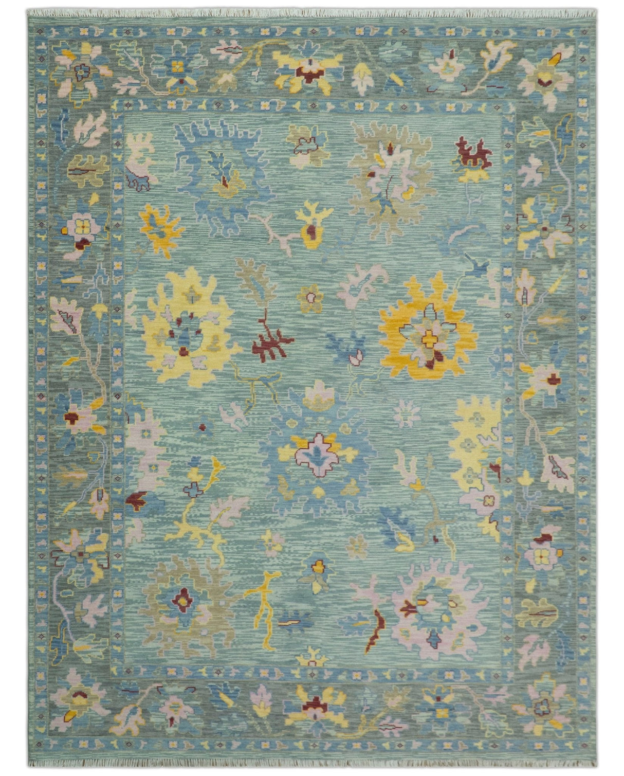 Blue and Gray Vibrant colorful Hand knotted Oushak Wool Area Rug