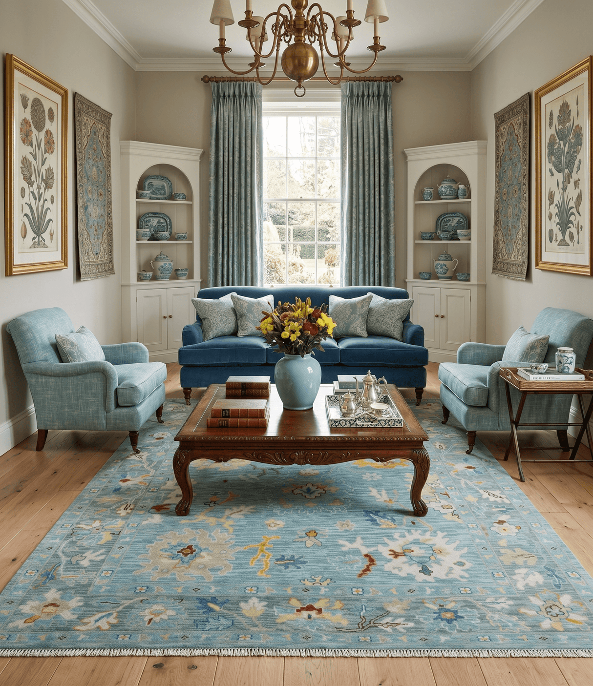 Blue and Gray Vibrant colorful Hand knotted Oushak Wool Area Rug