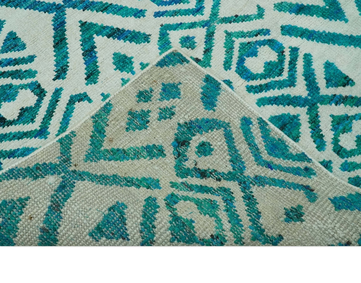 Blue and Ivory 5.6x8 Traditional Ikat design Hand Knotted wool area rug