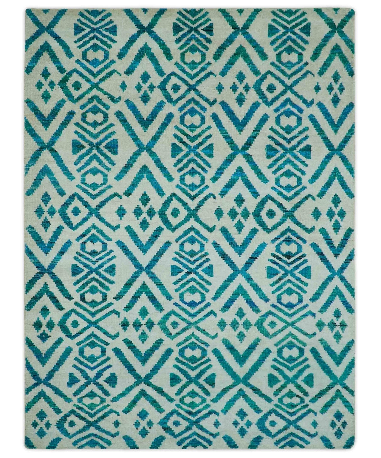 Blue and Ivory 5.6x8 Traditional Ikat design Hand Knotted wool area rug