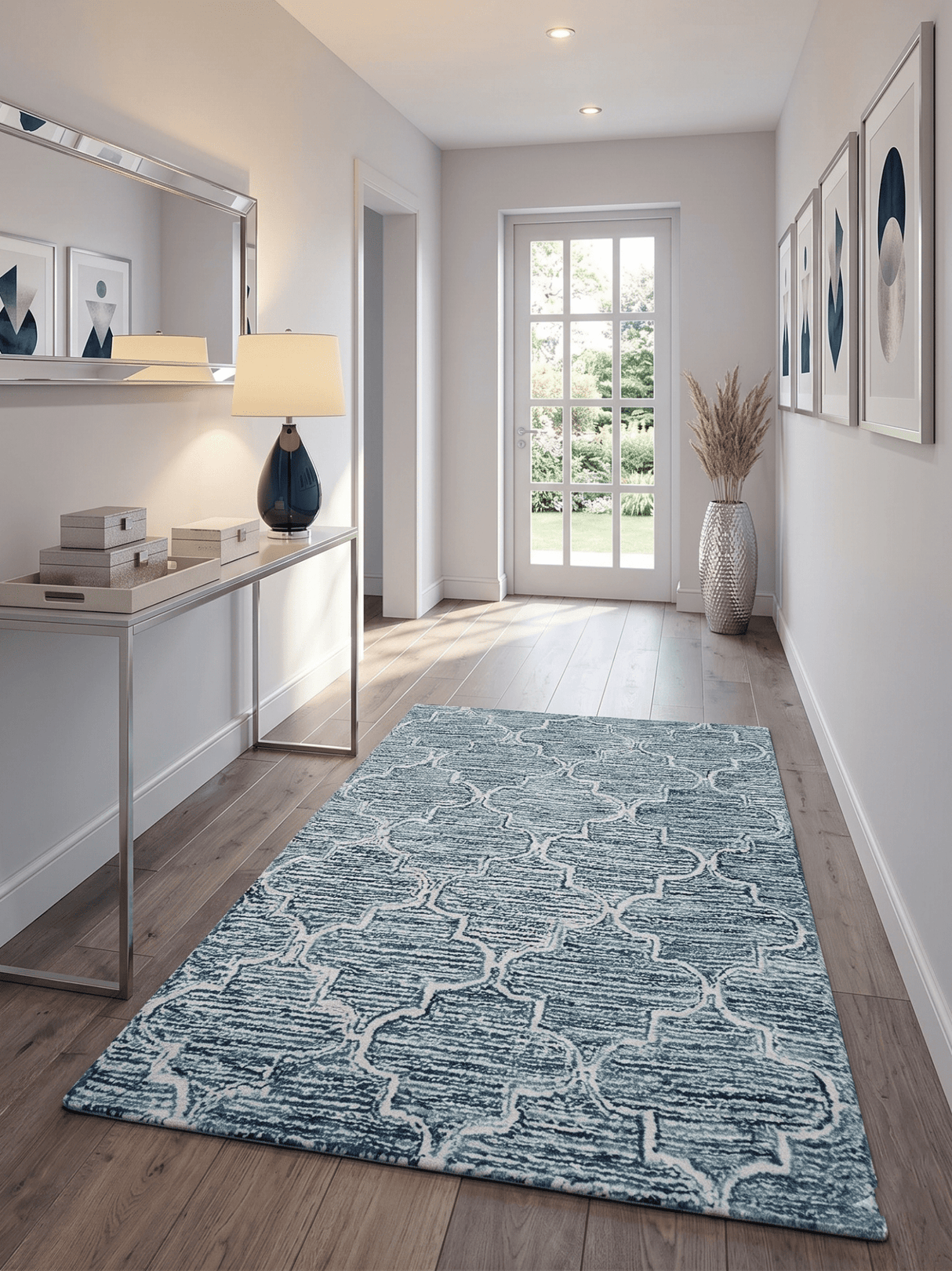Blue and Ivory Modern Geometric Hand Tufted Natural Wool Rug