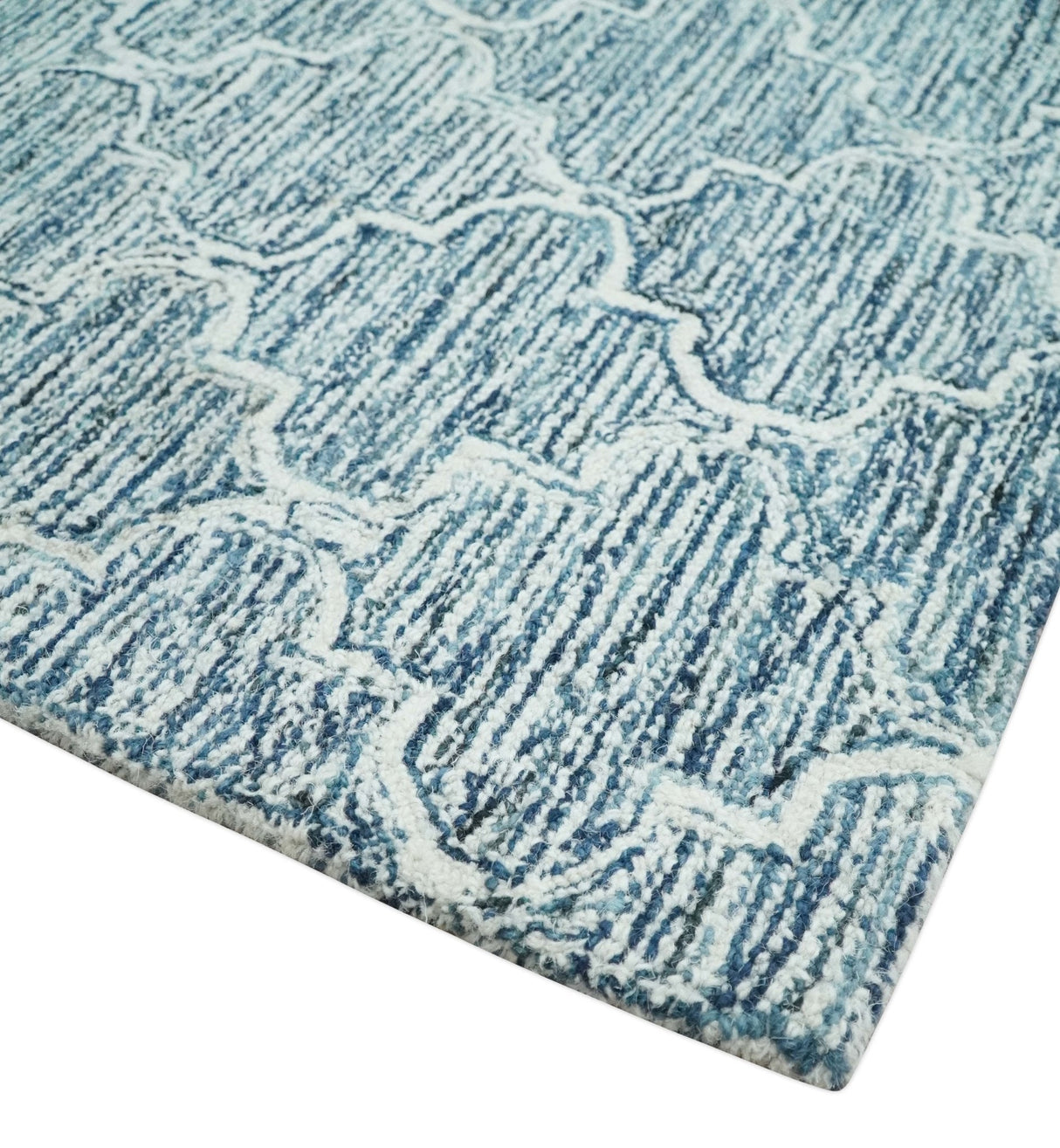 Blue and Ivory Modern Geometric Hand Tufted Natural Wool Rug