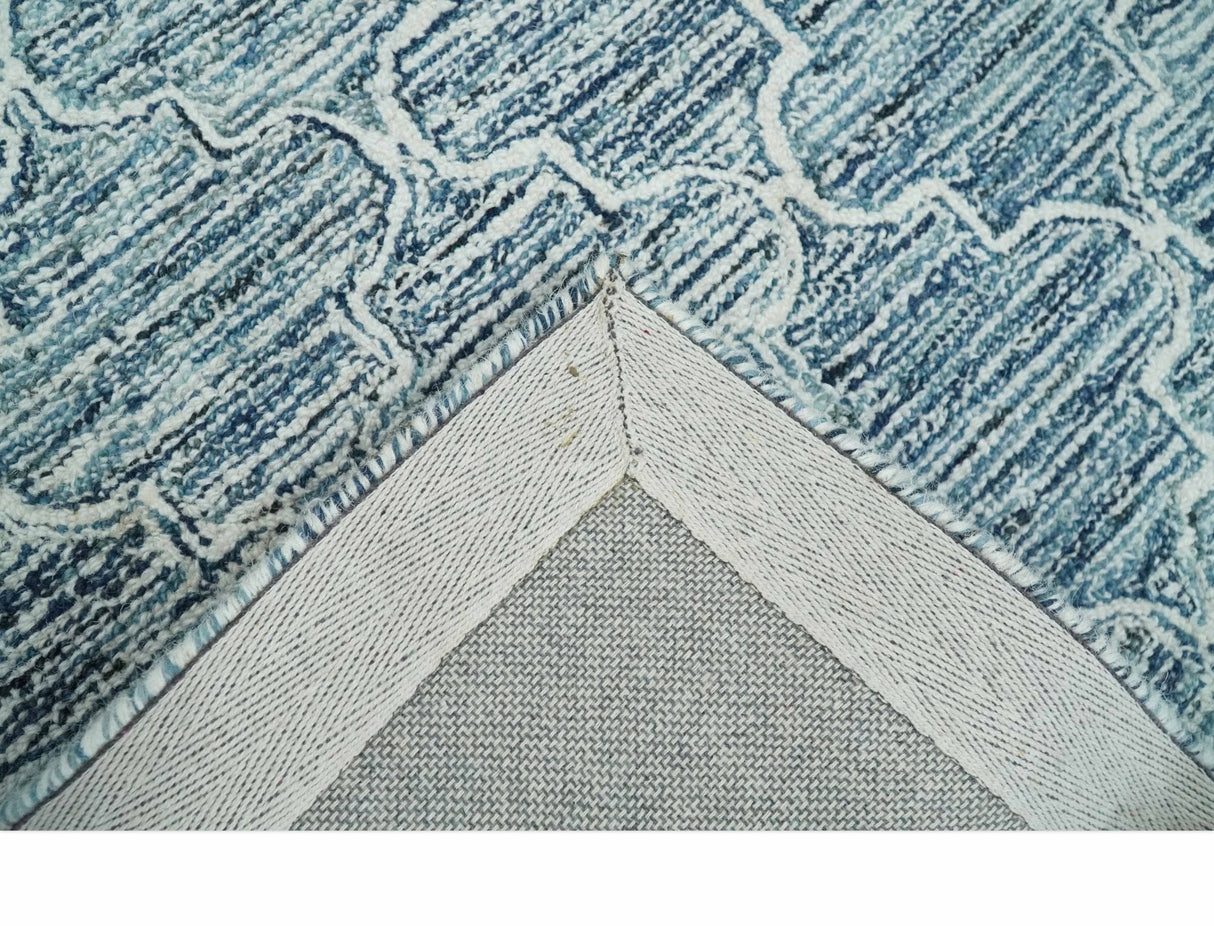 Blue and Ivory Modern Geometric Hand Tufted Natural Wool Rug