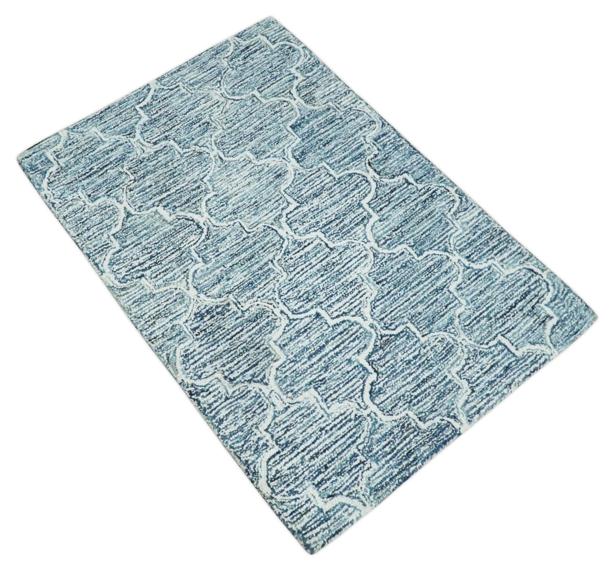 Blue and Ivory Modern Geometric Hand Tufted Natural Wool Rug