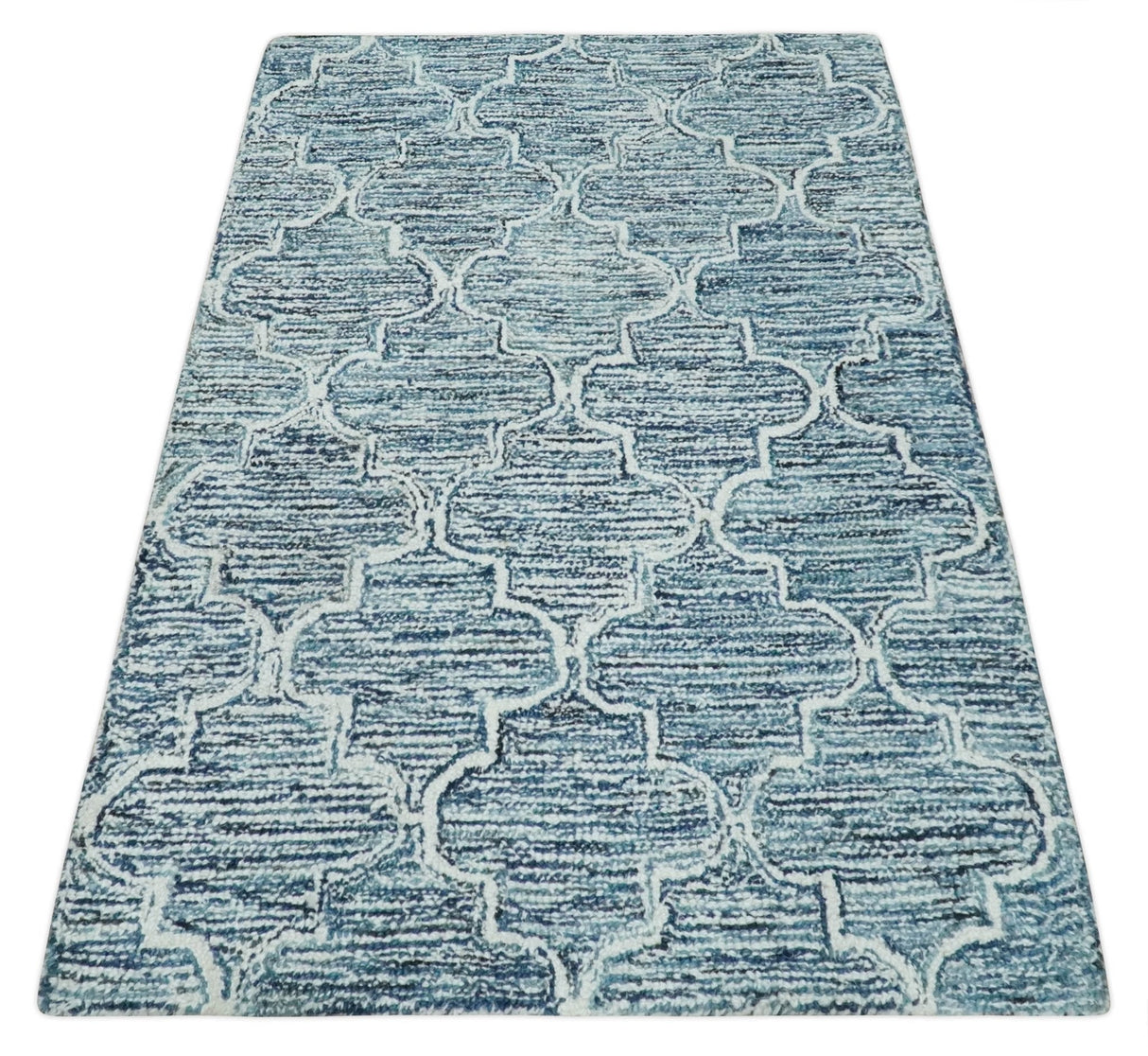 Blue and Ivory Modern Geometric Hand Tufted Natural Wool Rug