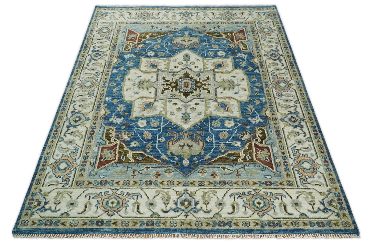 Blue and Ivory Traditional Persian Design Hand knotted Wool Area Rug