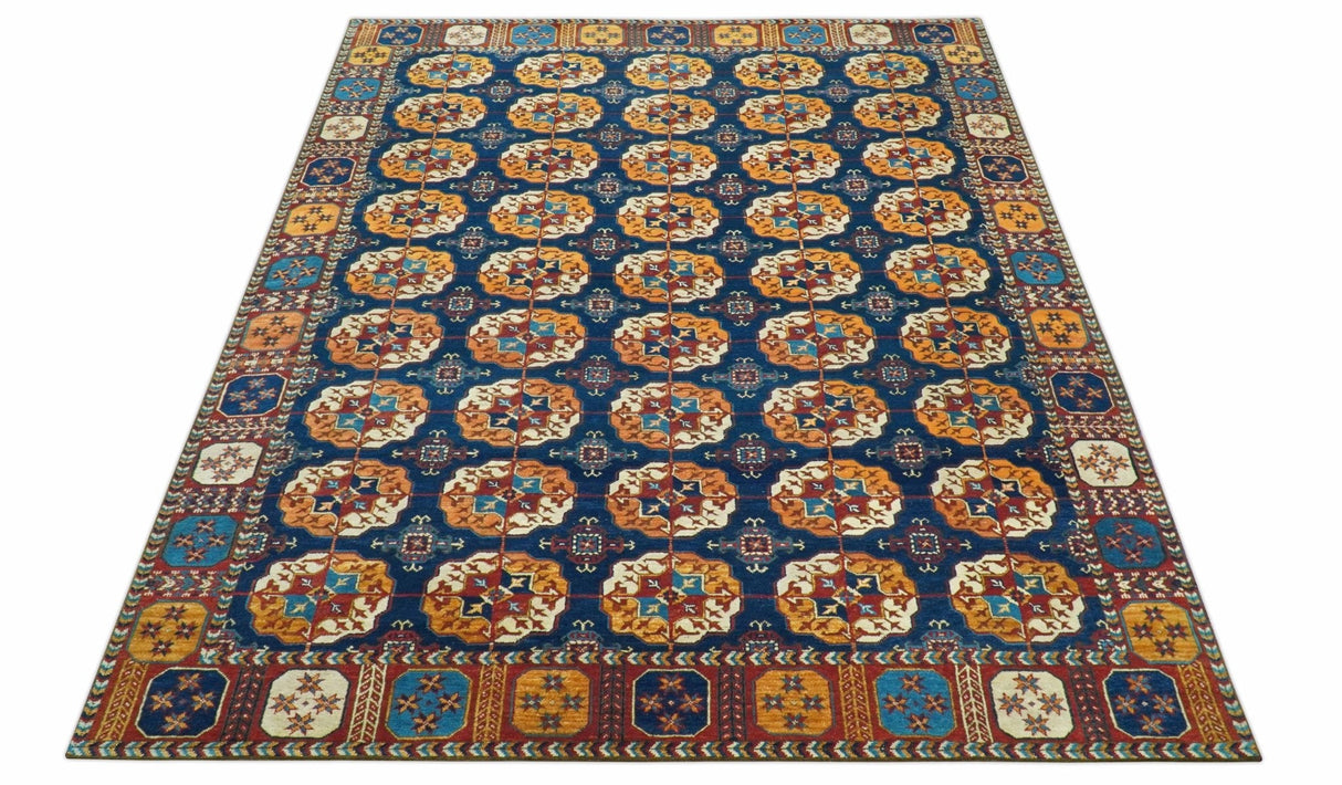 Blue And Mustard Traditional Medallion Design 8x10 Hand Knotted wool Area Rug