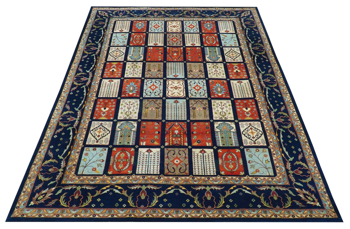 Blue And Orange Traditional Floral Design 8x11 Hand Knotted wool Area Rug