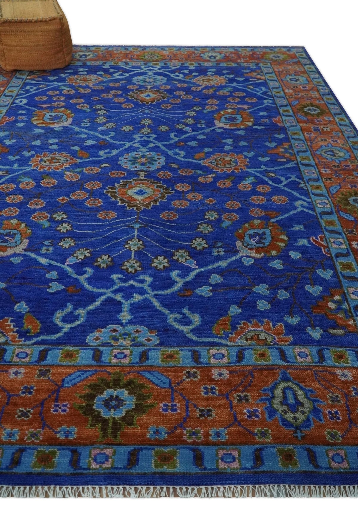 Blue and Rust Hand Knotted Traditional Floral Oushak Multi Size Wool Area Rug