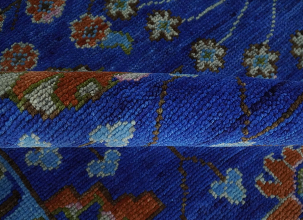 Blue and Rust Hand Knotted Traditional Floral Oushak Multi Size Wool Area Rug
