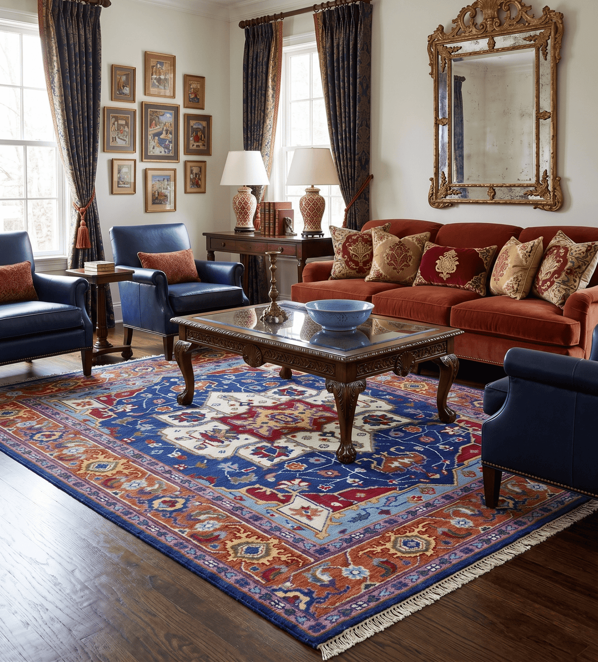 Blue and Rust Hand Knotted Traditional Heriz Multi Size wool Area Rug