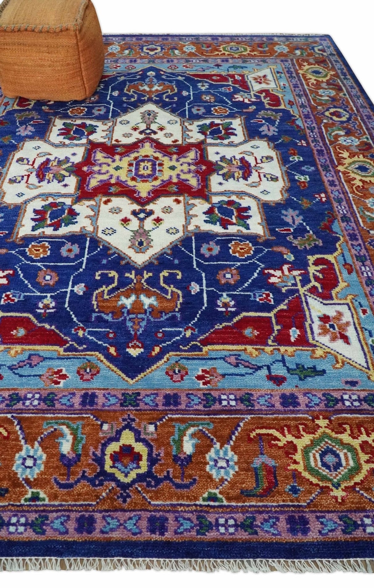 Blue and Rust Hand Knotted Traditional Heriz Multi Size wool Area Rug