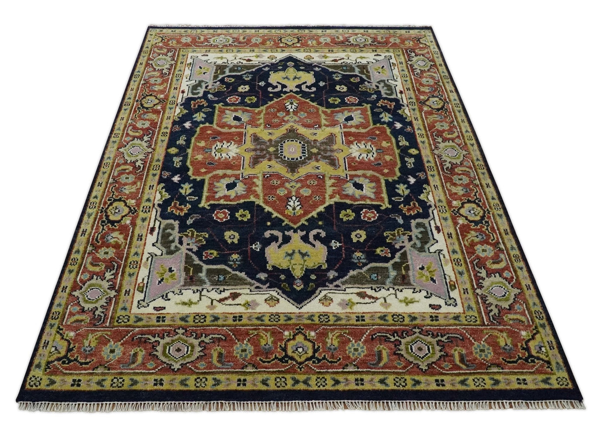 Blue and Rust Hand Knotted Traditional Heriz Style Multi Size Wool Area Rug