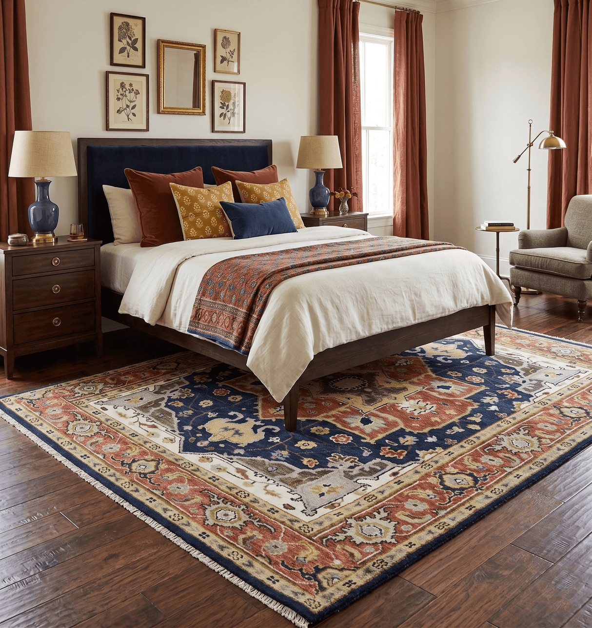 Blue and Rust Hand Knotted Traditional Heriz Style Multi Size Wool Area Rug