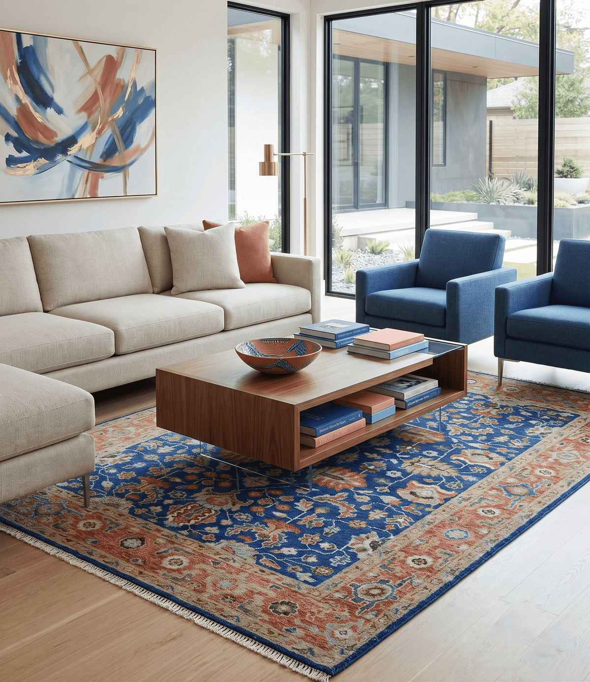 Blue and Rust Turkish Design Traditional Serapi Hand Knotted Wool Area Rug
