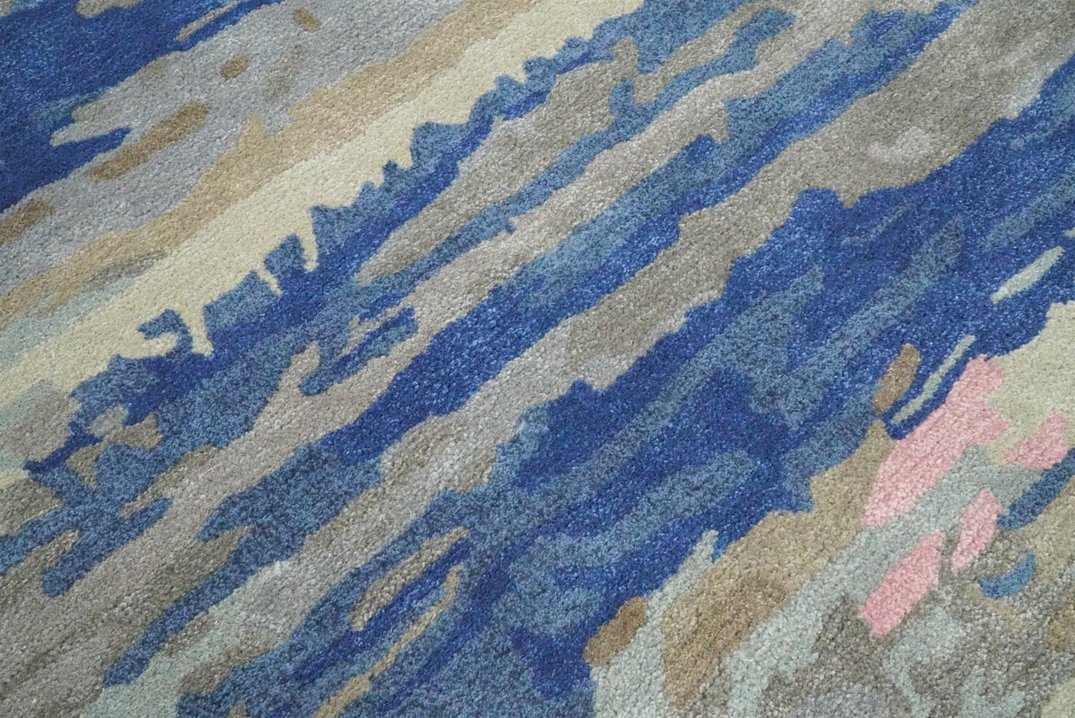 Blue and Silver Modern Abstract Hand Tufted Wool and Art Silk 5x8 Area Rug