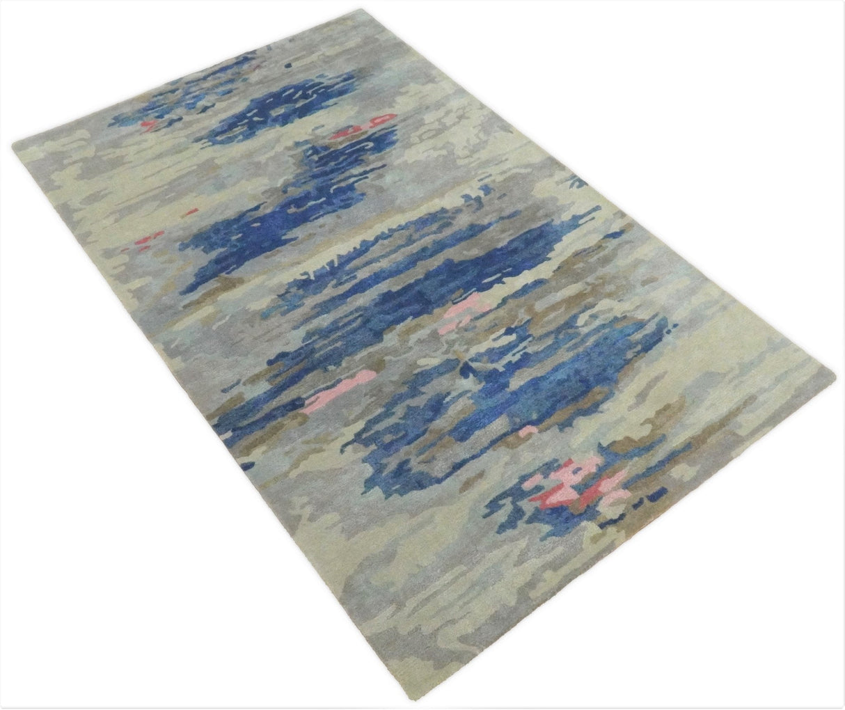 Blue and Silver Modern Abstract Hand Tufted Wool and Art Silk 5x8 Area Rug