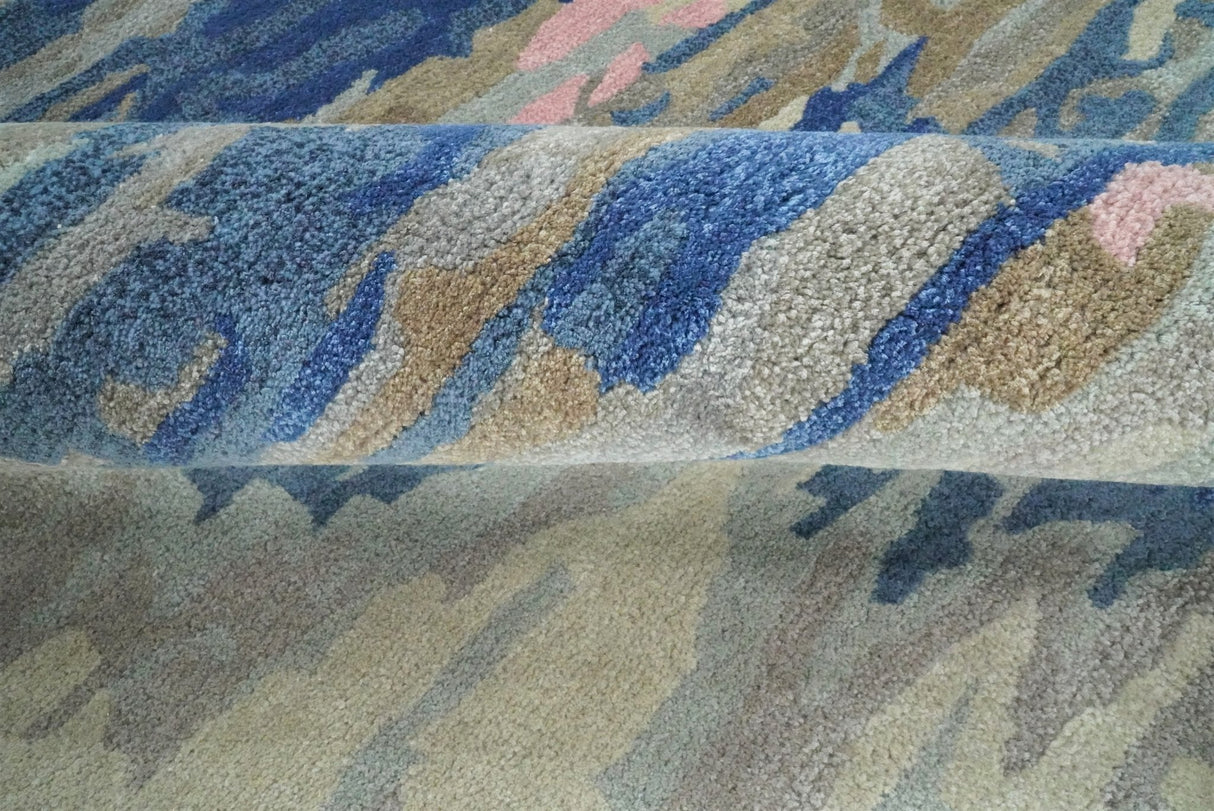 Blue and Silver Modern Abstract Hand Tufted Wool and Art Silk 5x8 Area Rug