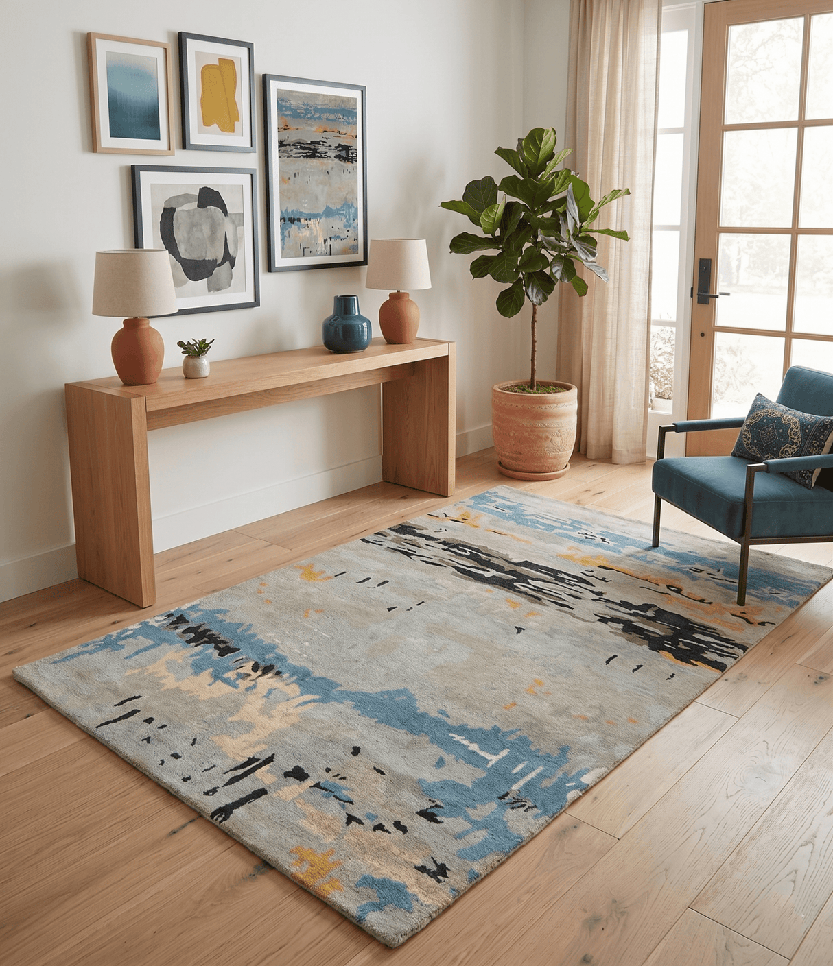 Blue and Silver Modern Abstract Hand Tufted Wool and Art Silk 5x8 Area Rug