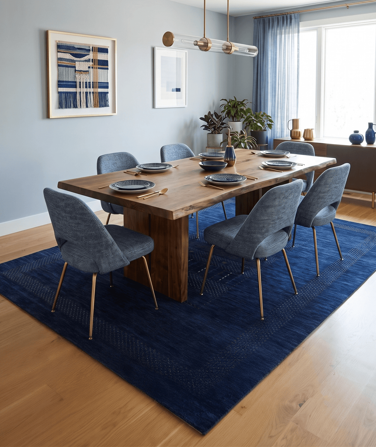 Blue And White Center Pattern Design Hand Loomed Wool Area Rug