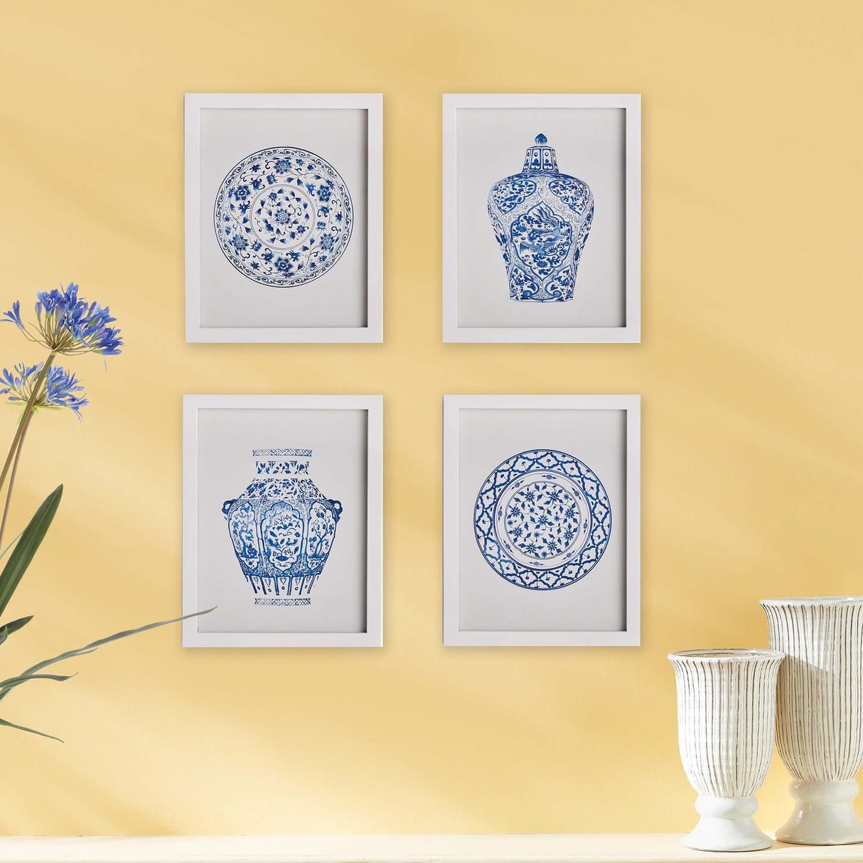 Blue and White Chinoiserie Ginger Jar and Plate Prints (Set of 4)-Artwork-Parc Decor