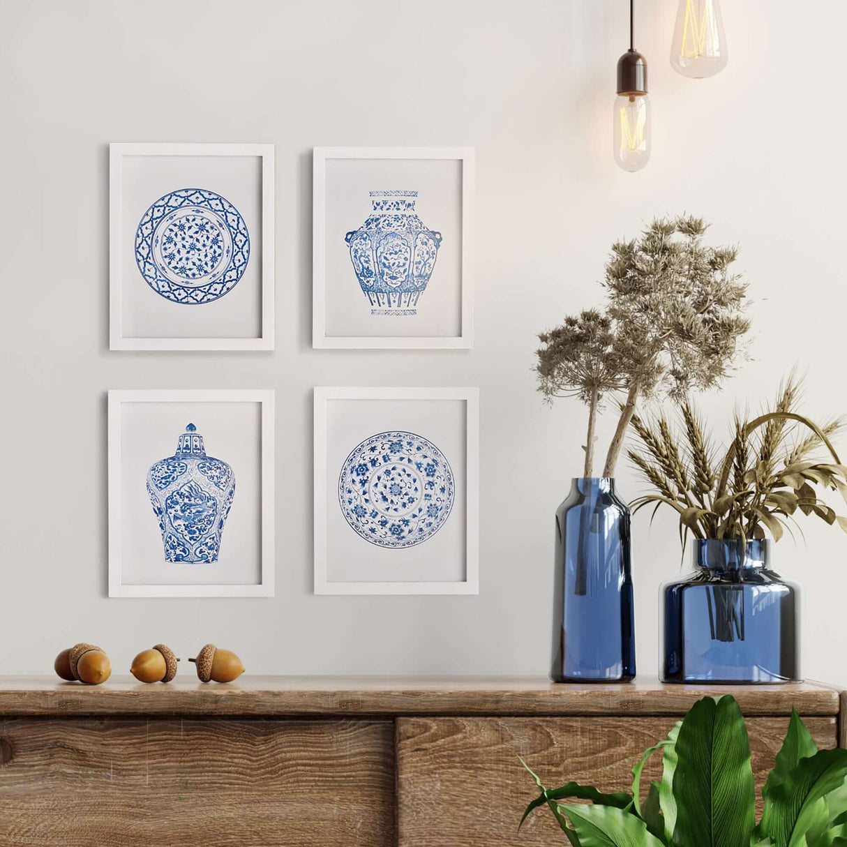 Blue and White Chinoiserie Ginger Jar and Plate Prints (Set of 4)-Artwork-Parc Decor