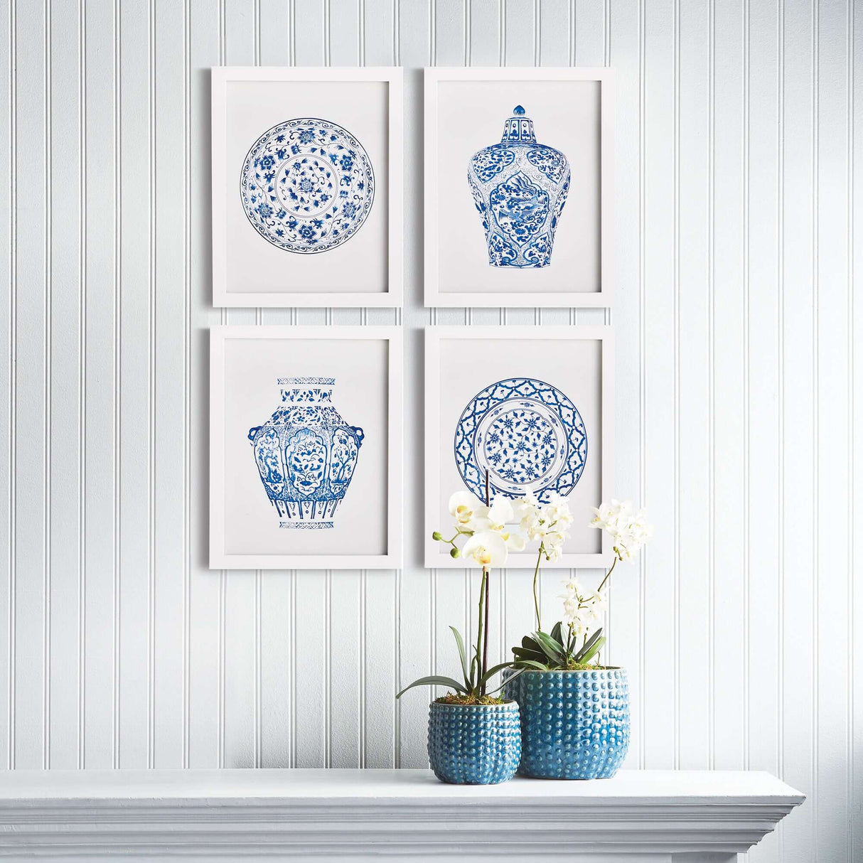 Blue and White Chinoiserie Ginger Jar and Plate Prints (Set of 4)-Artwork-Parc Decor