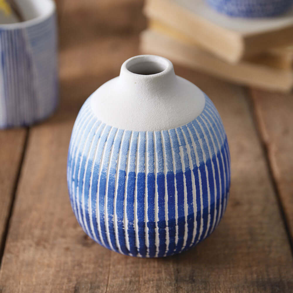 Blue and White Textured Ceramic Bud Vase-vase-Parc Decor