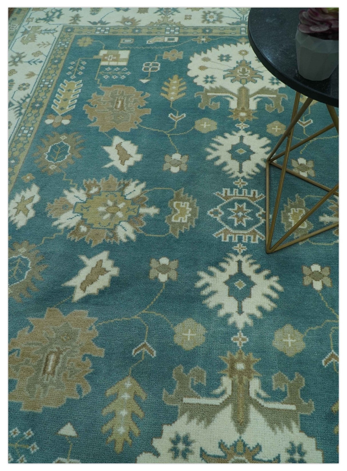 Blue, Beige And Green Traditional Hand Knotted Custom Made Wool rug