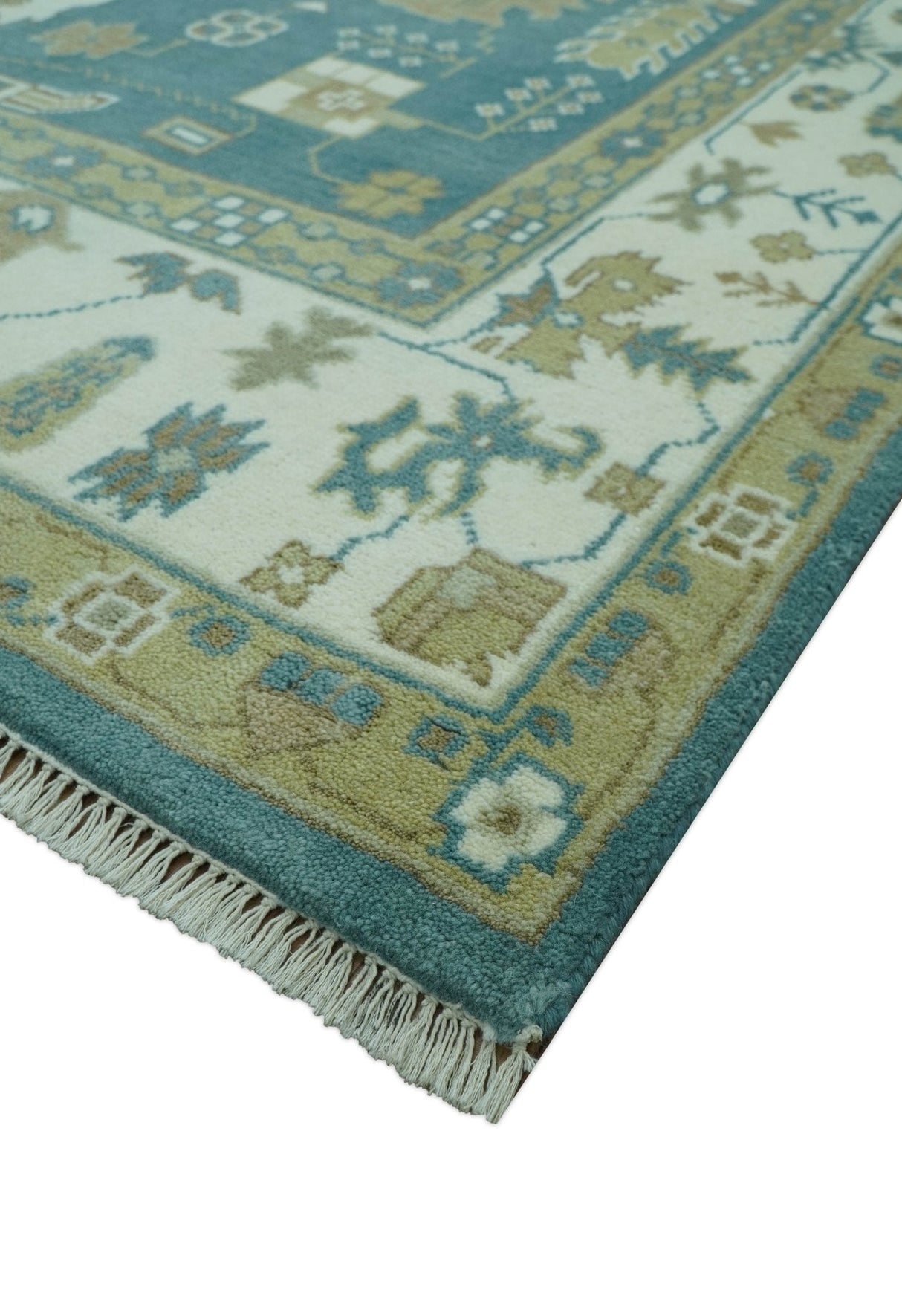 Blue, Beige And Green Traditional Hand Knotted Custom Made Wool rug