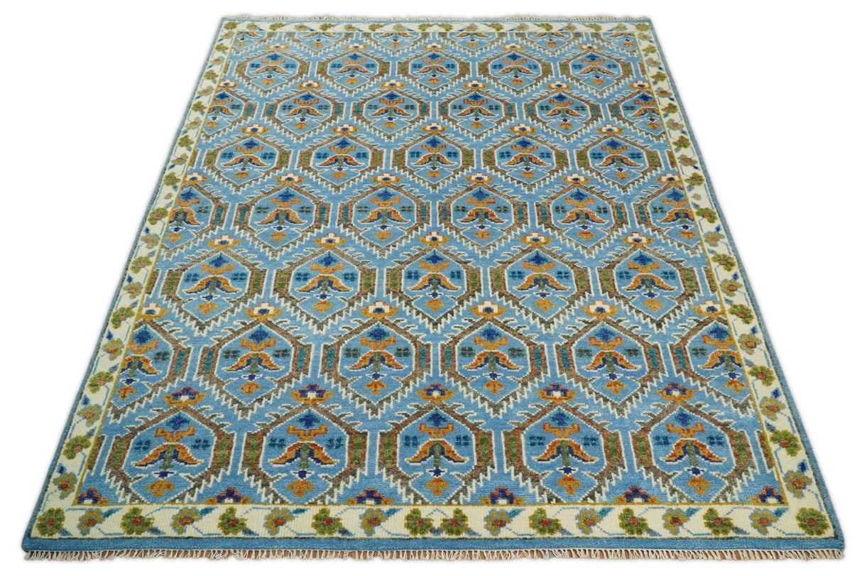 Blue, Brown and Beige Hand Knotted Wool Antique Vintage Style wool Area Rug