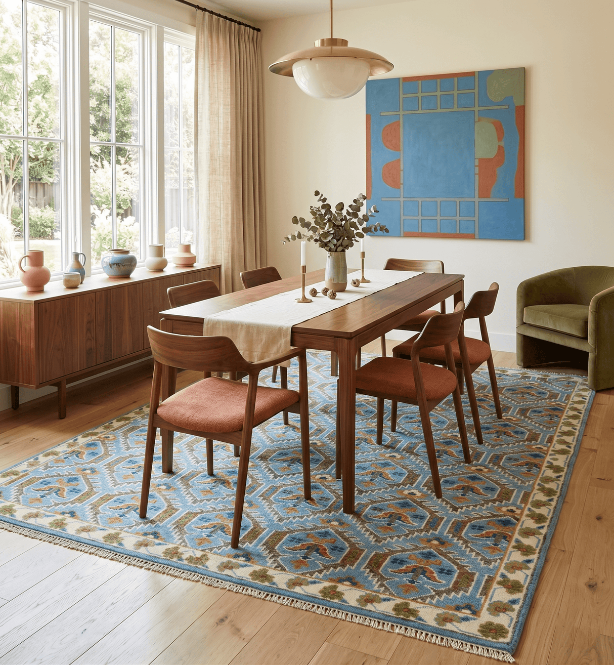 Blue, Brown and Beige Hand Knotted Wool Antique Vintage Style wool Area Rug