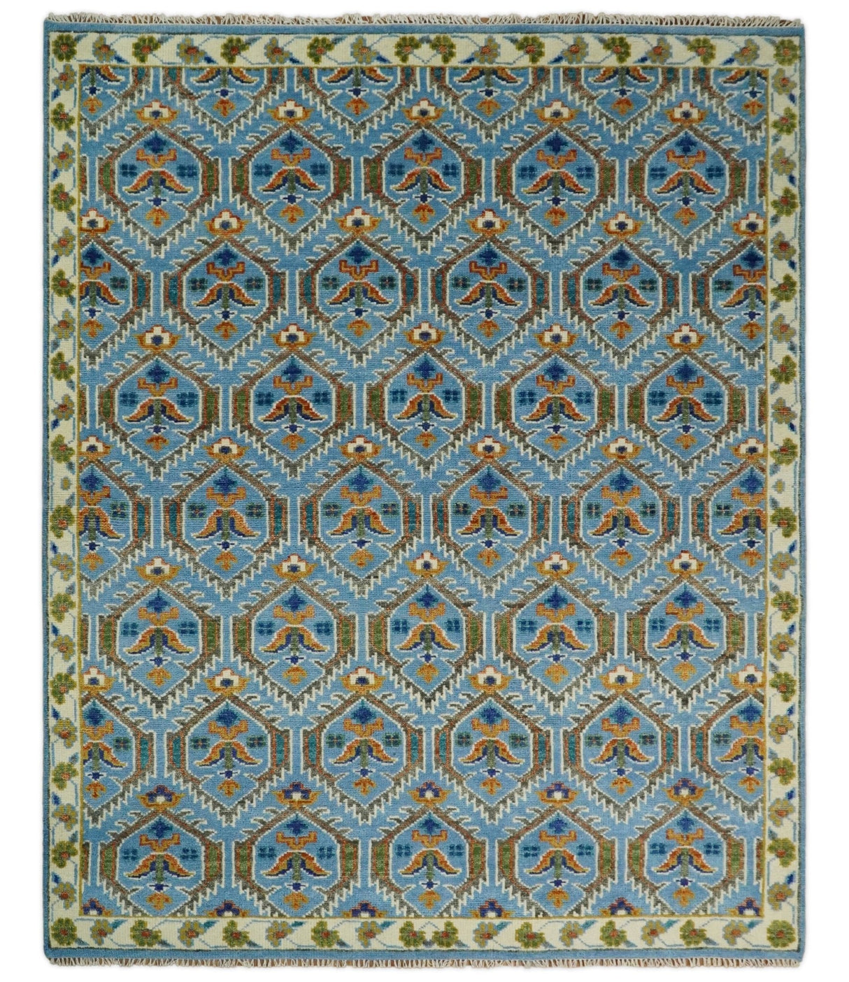 Blue, Brown and Beige Hand Knotted Wool Antique Vintage Style wool Area Rug