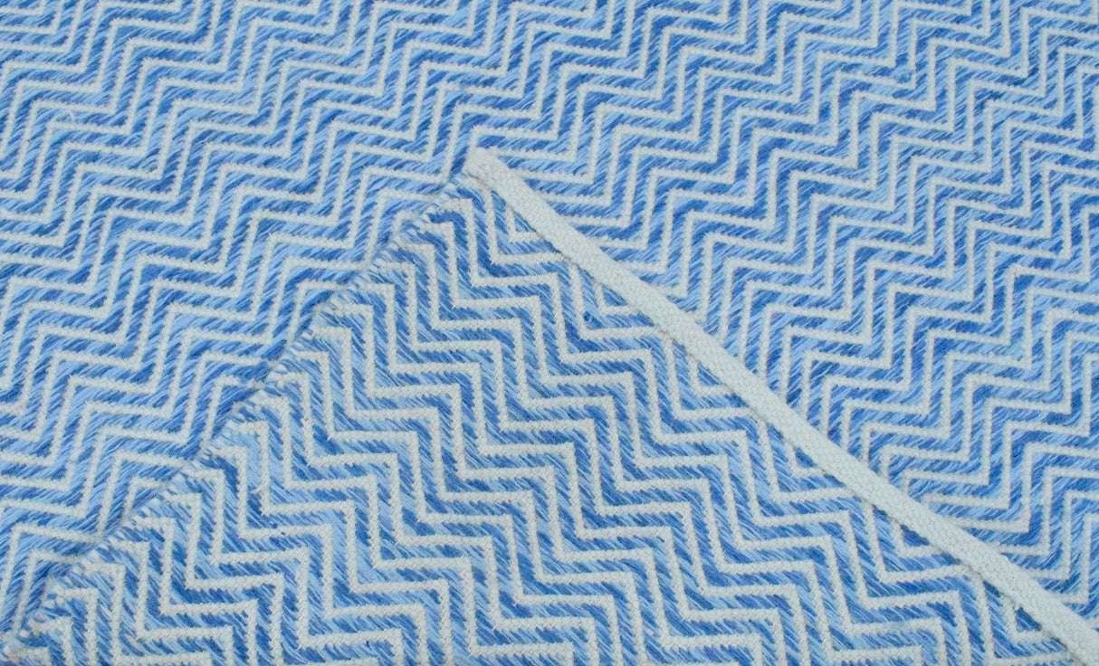 Blue Chevron Pattern Dhurrie Wool Area Rug
