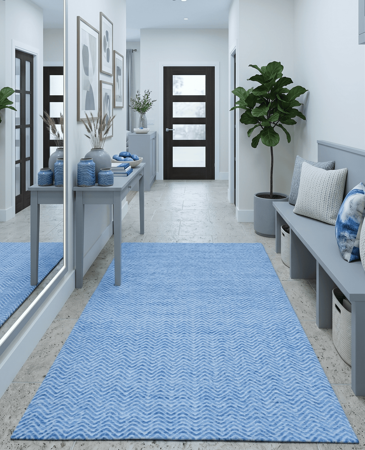 Blue Chevron Pattern Dhurrie Wool Area Rug