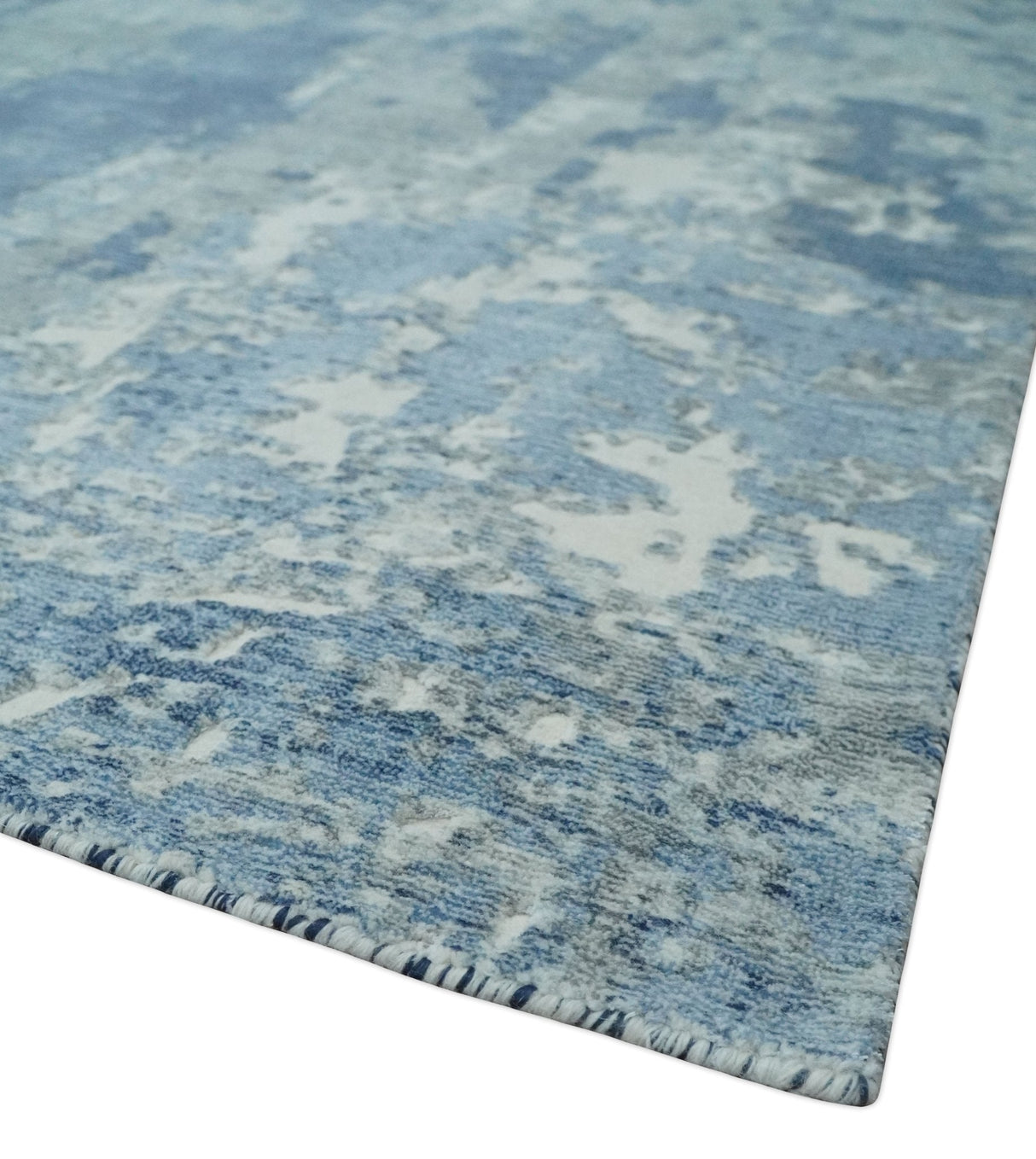 Blue, Ivory and Gray Modern Abstract 6x9 Hand Loomed Blended wool and Art silk Area Rug-Area Rug-Parc Decor