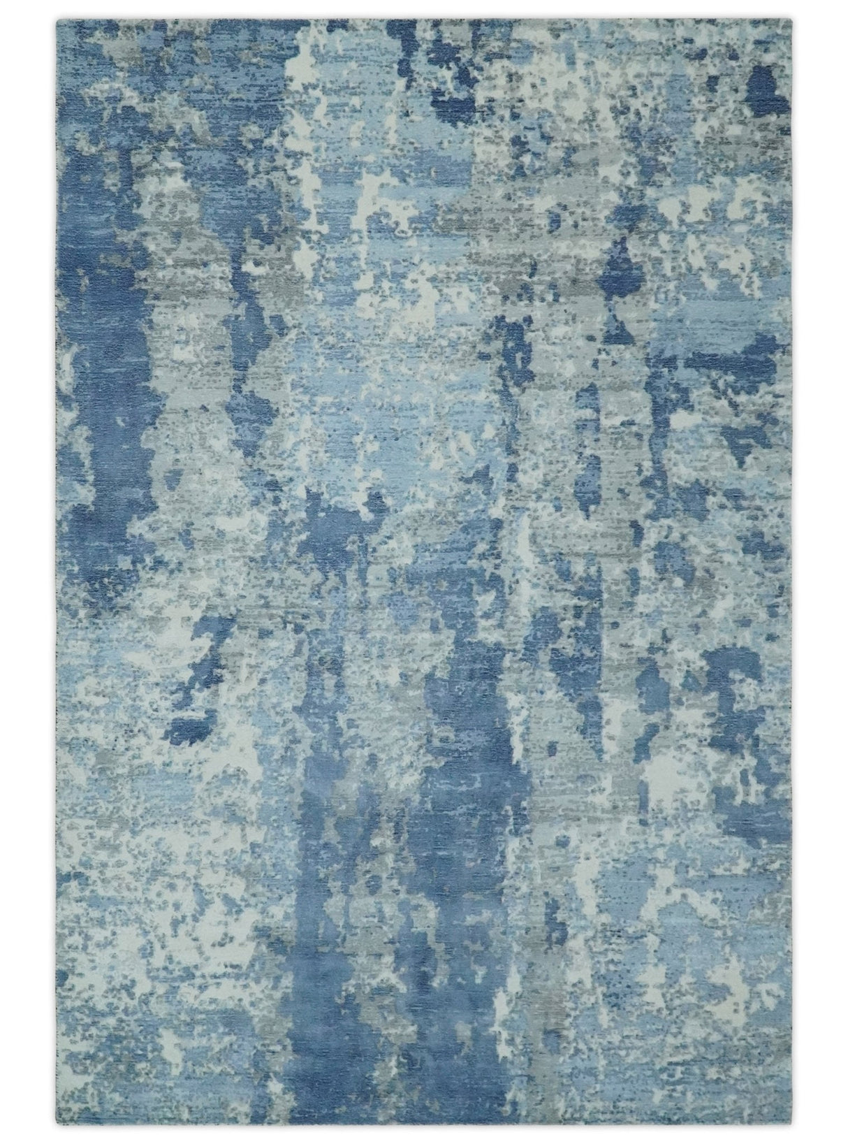 Blue, Ivory and Gray Modern Abstract 6x9 Hand Loomed Blended wool and Art silk Area Rug-Area Rug-Parc Decor