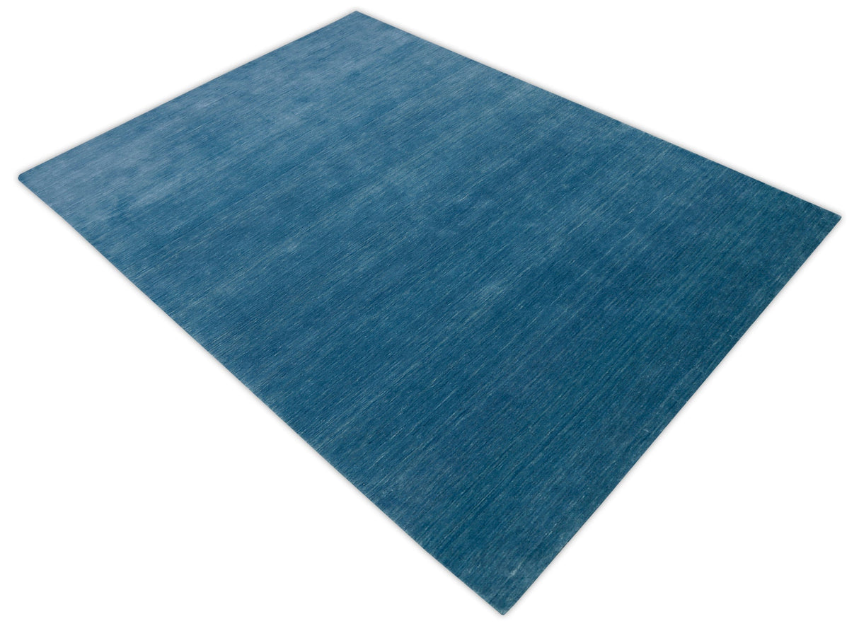 Blue Modern Solid Design Hand Loomed Wool Area Rug