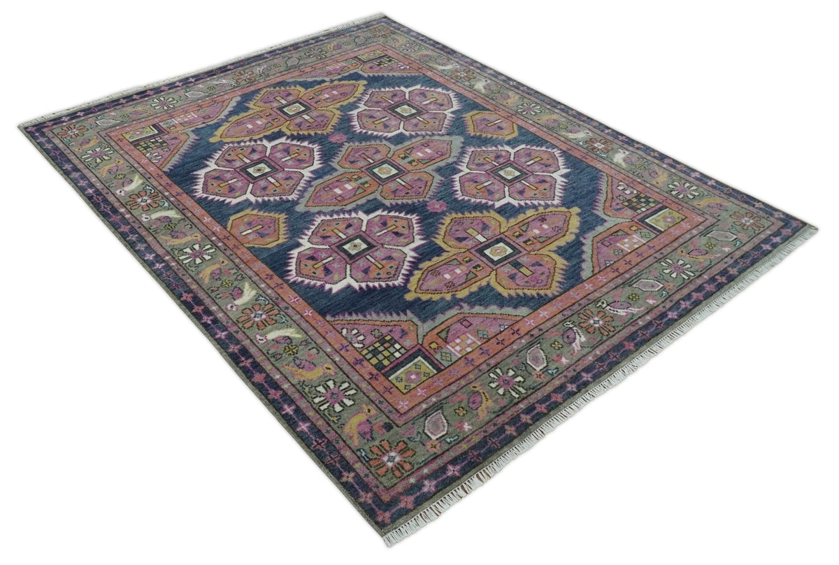 Blue, Purple and Green hand knotted Traditional Heriz Serapi Wool Area Rug