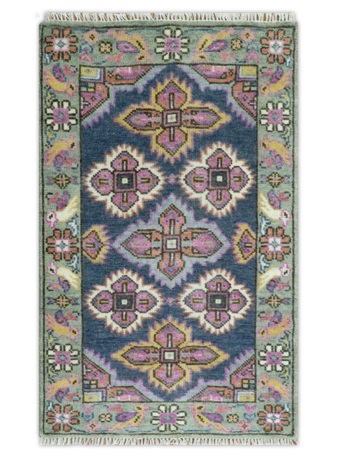 Blue, Purple and Green hand knotted Traditional Heriz Serapi Wool Area Rug