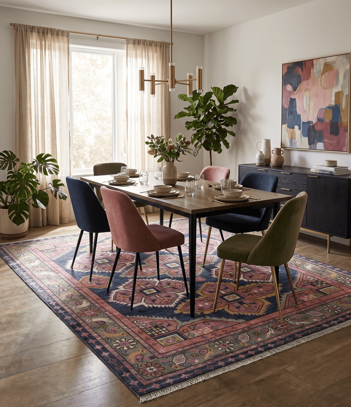 Blue, Purple and Green hand knotted Traditional Heriz Serapi Wool Area Rug