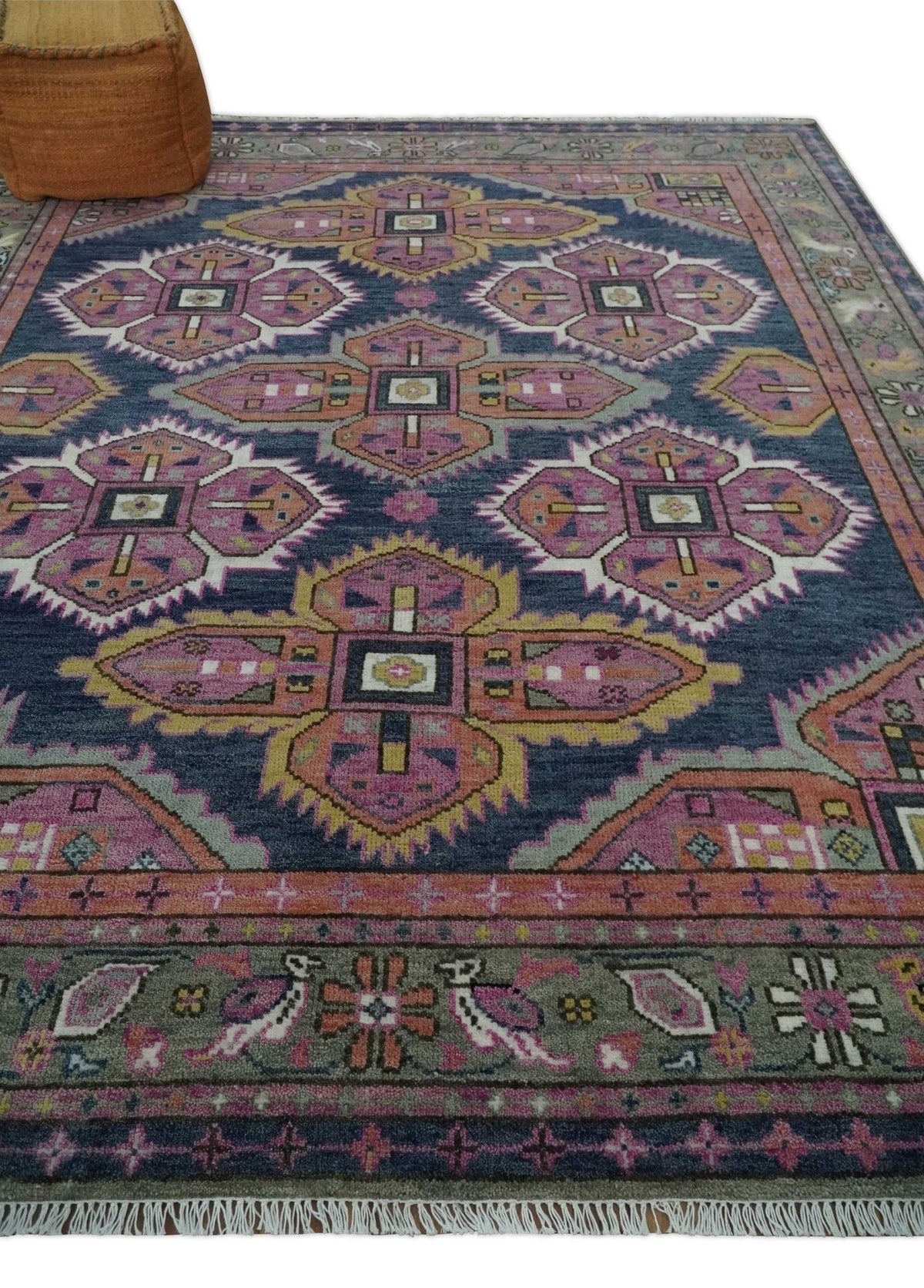 Blue, Purple and Green hand knotted Traditional Heriz Serapi Wool Area Rug